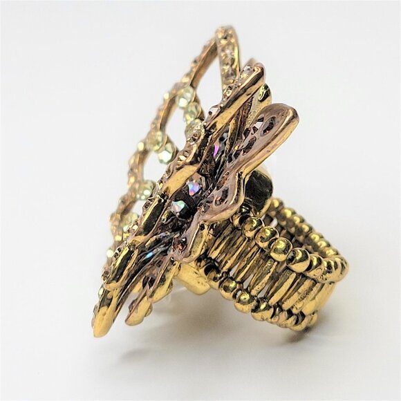 VINTAGE Gold Rhinestone Butterfly Stretch Ring - Picture 6 of 14